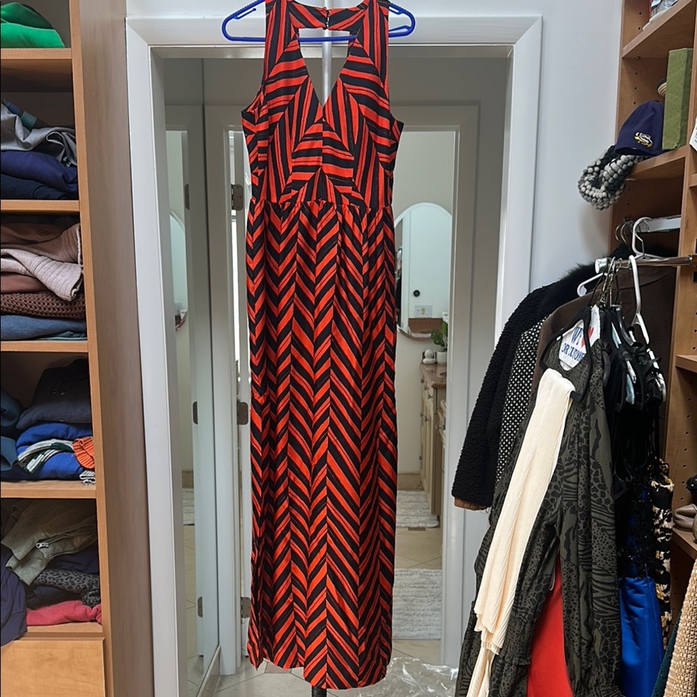 Milly Red / Orange and Navy Blue Halter Maxi Sundress